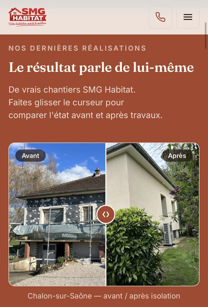 Comparateur avant / après d'un ravalement de façade sur le site SMG Habitat