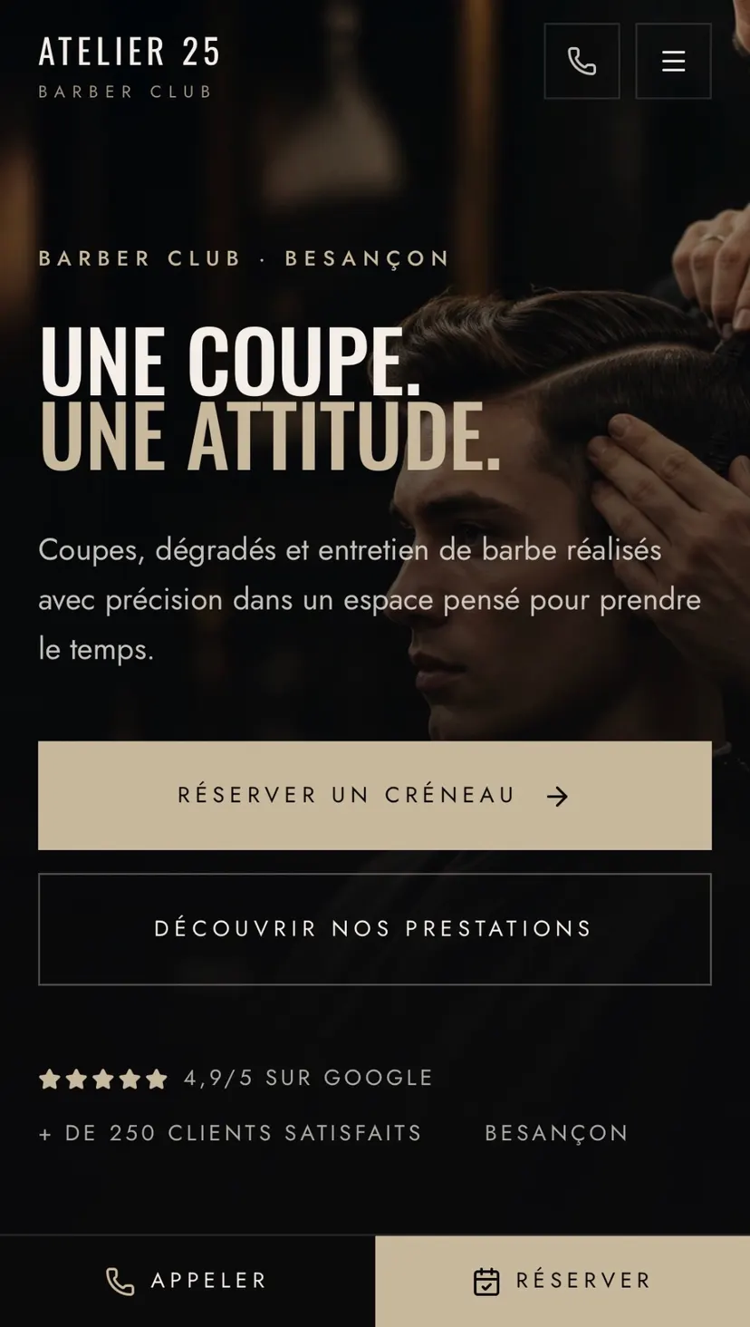 Page d'accueil mobile du site Atelier 25 Barber Club